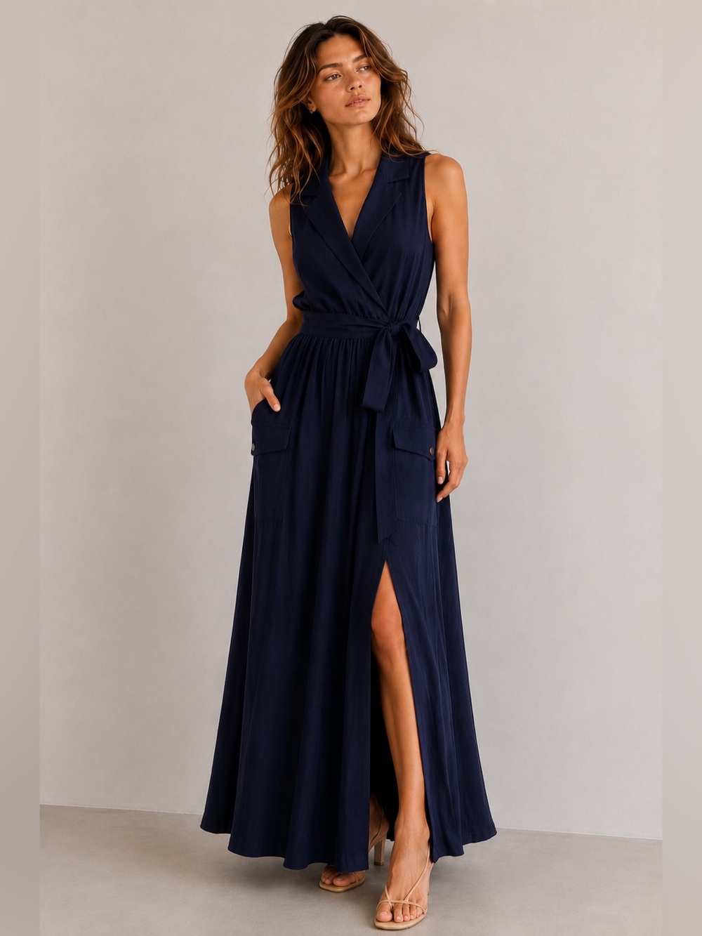 L’AGENCE Mayer Military Maxi Linen Blend Dress Navy XS Belted Pockets Minimalist